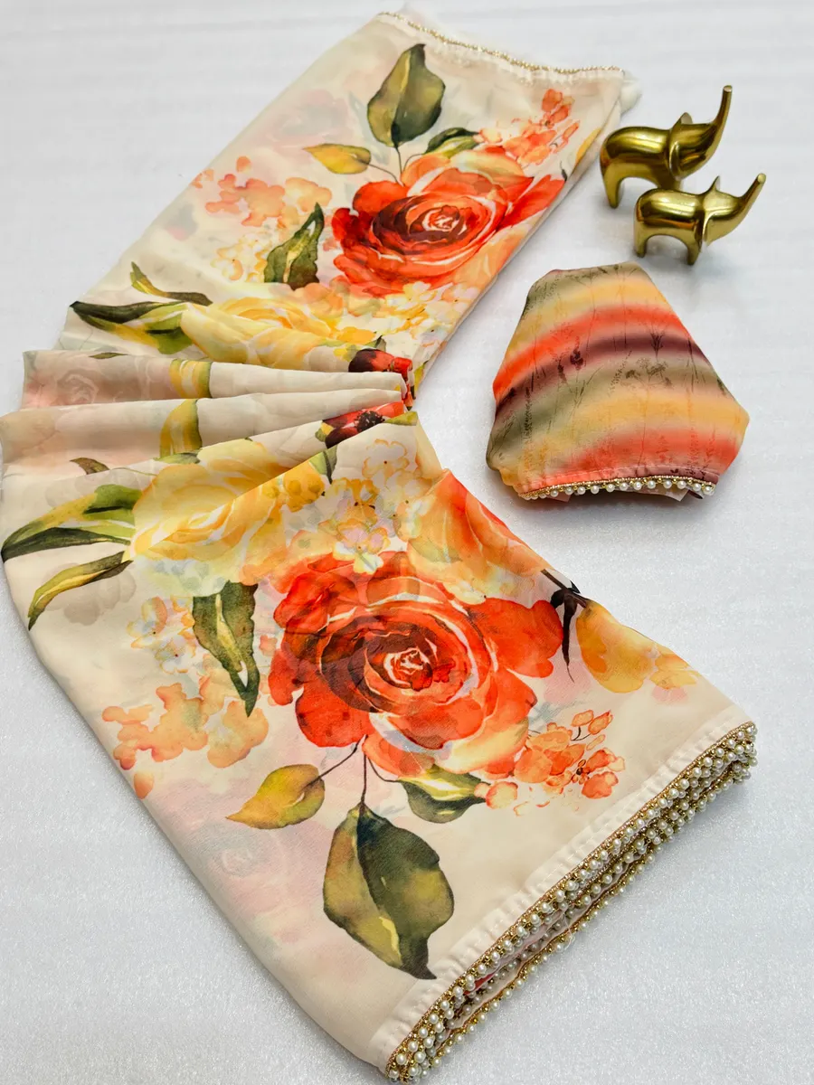 New Arrival Floral Digital Print Chiffon Saree with Handwork Moti Lace Border